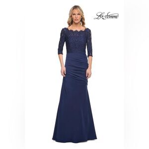La Femme 24926 Sparkle Lace Trumpet Gown Navy Women's Size 14